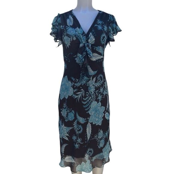 MSK Midi Dress Women's Sz 10 Brown Teal Floral Twist Front Ruffle Flutter Sleeve - Picture 4 of 16